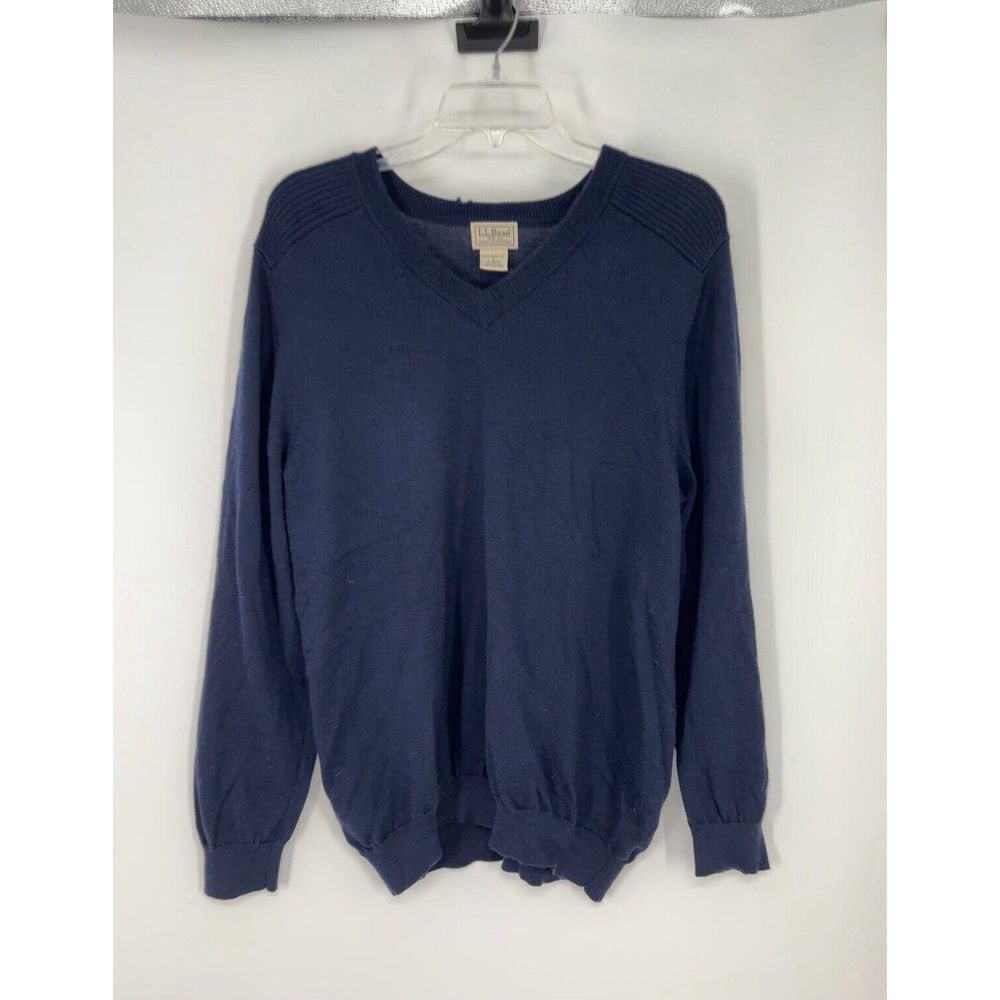 LL Bean 100% Merino‎ Wool V Neck Long Sleeve Sweater Pullover Navy Blue Large